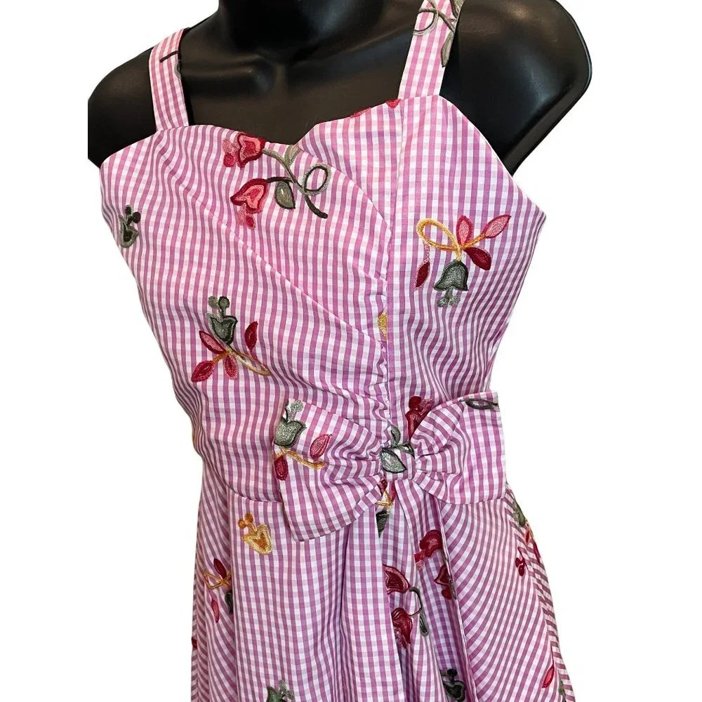 Vintage Y2K Rare Editions Pink White Gingham Fit and Flare Embroidered Dress - Picture 3 of 11